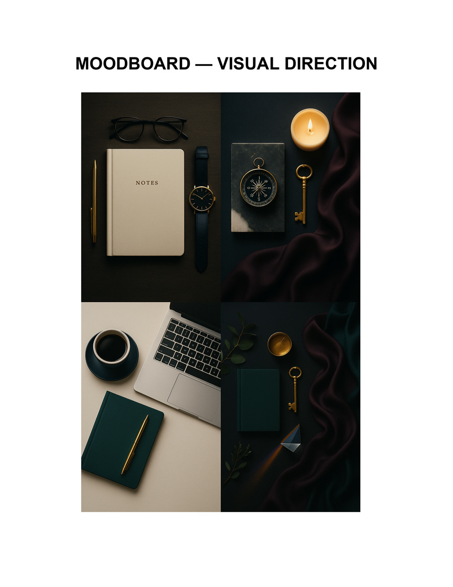 Igniting Success creative moodboard featuring executive workspace details jewel tones and brass accents