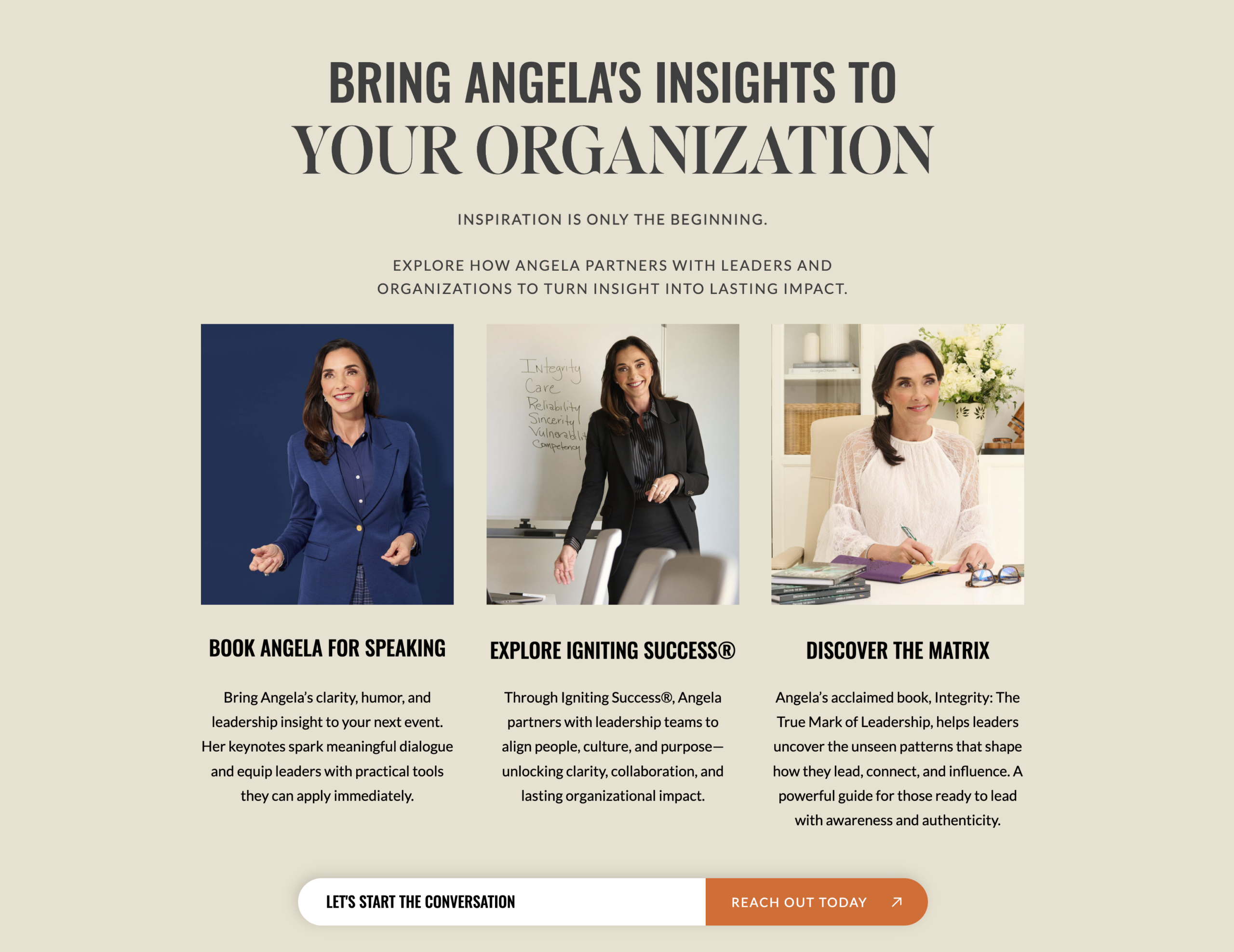 Igniting Success services page featuring editorial brand photography of Angela Cusack